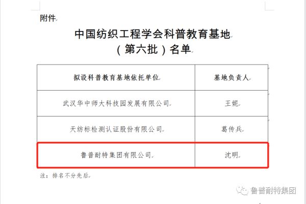 鲁普喜报丨鲁普耐特集团入选第六批“中国纺织工程学会科普教育基地”